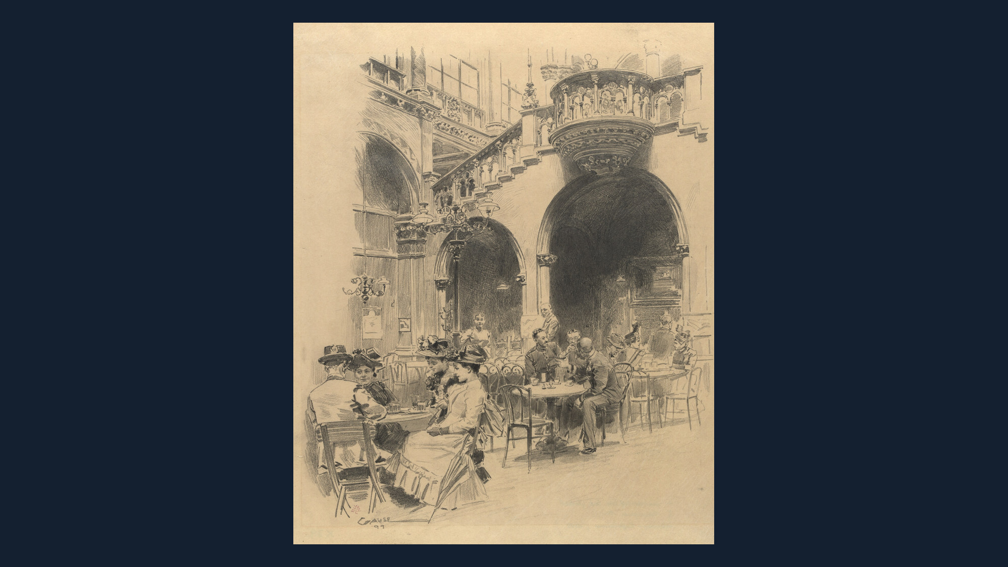 Pencil drawing of the arcade courtyard of Café Central in Vienna, 1899.