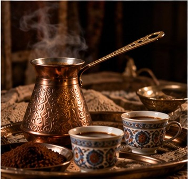 Traditional Ottoman-style coffee being poured from a copper cezve