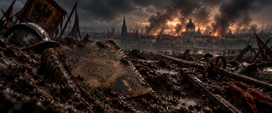 A weathered book lying in the wreckage of the Siege of Vienna, the city burning in the background